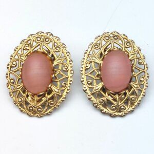 Vintage Gold Toned Filigree Clip-On Earrings With Pink Art Glass Cabochons